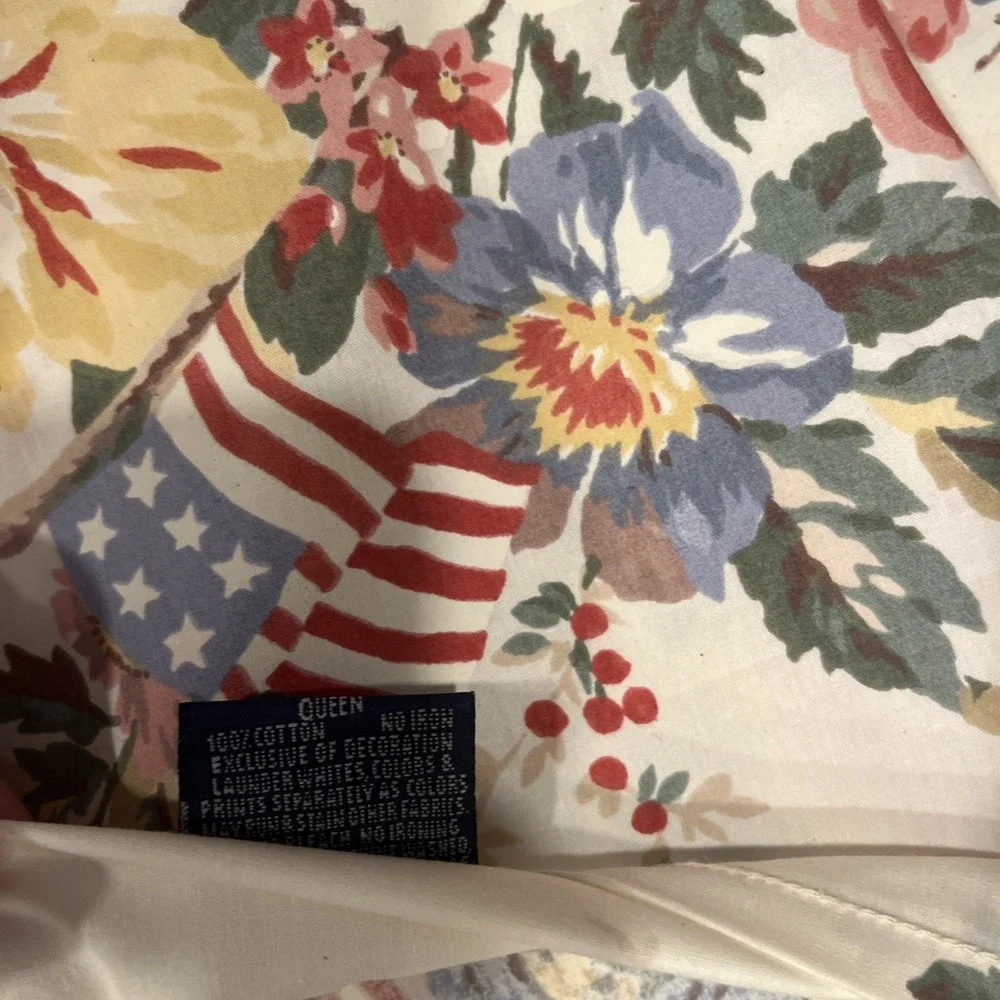 Vintage Ralph Lauren Dylan's Grove QUEEN Flat Sheet RUFFLED Floral Flags